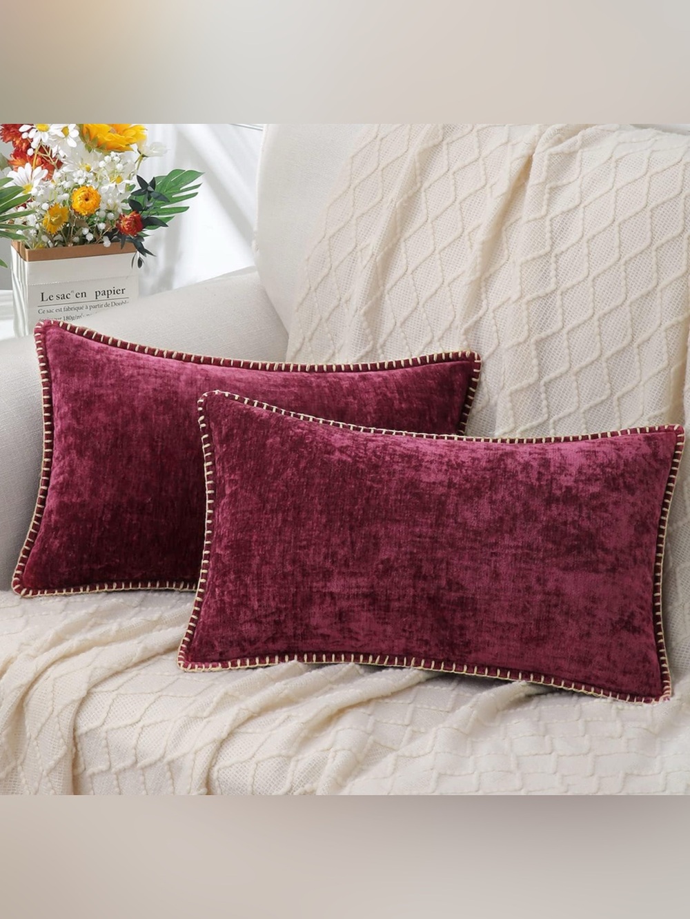 Velvet Decorative Throw Pillows in Deep Berry with Contrast Stitching